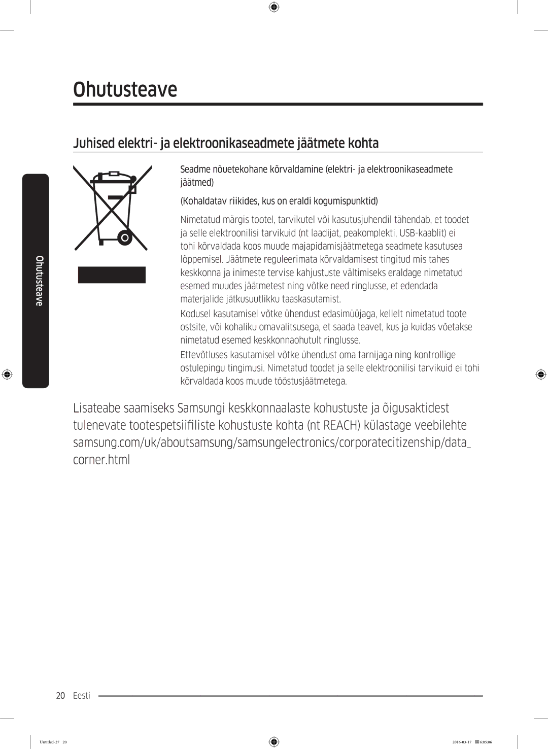 Samsung RS53K4400SA/EF manual Juhised elektri- ja elektroonikaseadmete jäätmete kohta 