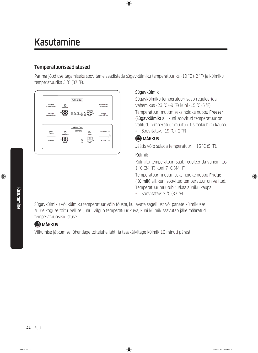 Samsung RS53K4400SA/EF manual Temperatuuriseadistused, Soovitatav -19 C -2 F 