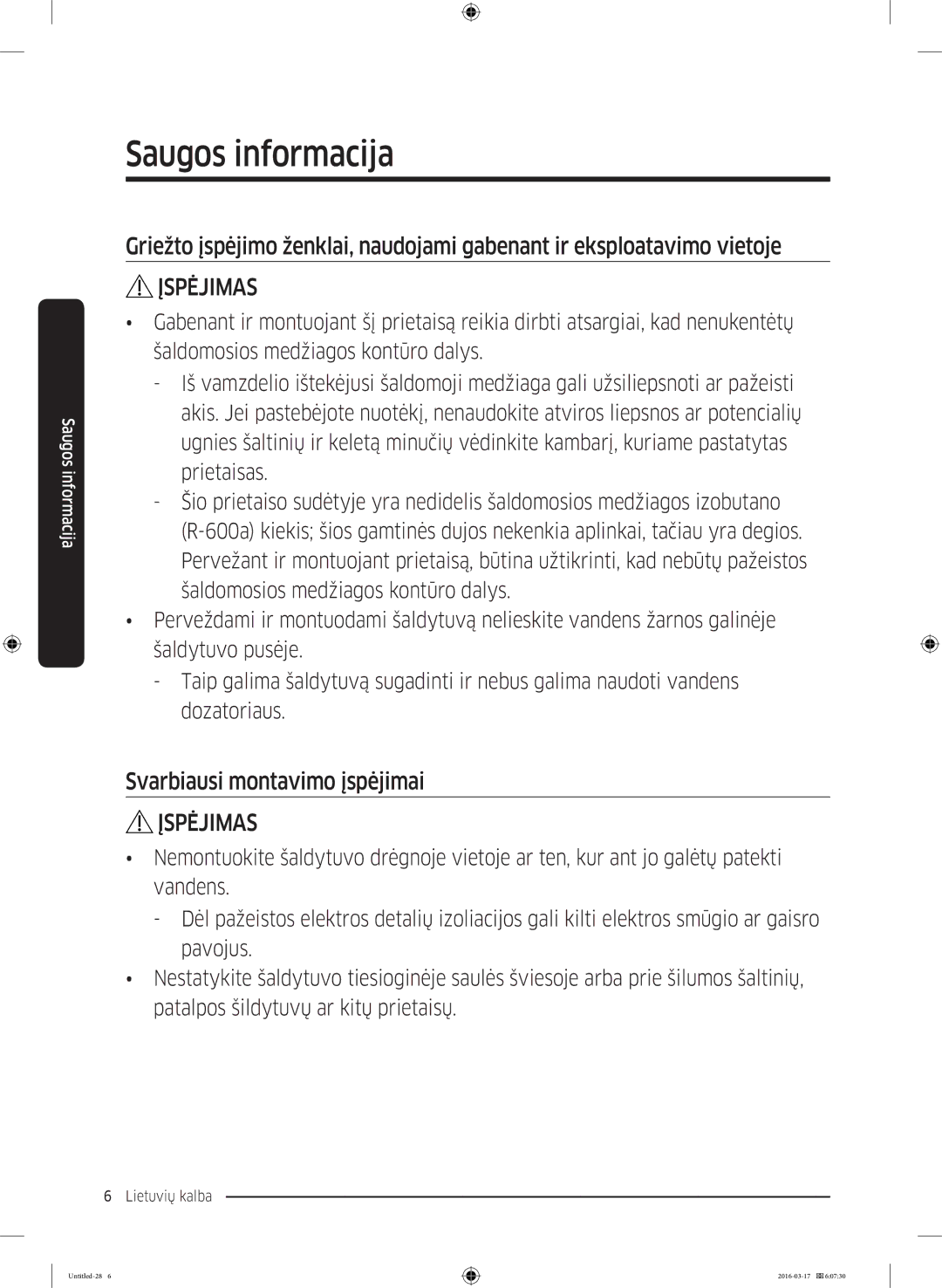 Samsung RS53K4400SA/EF manual Svarbiausi montavimo įspėjimai 