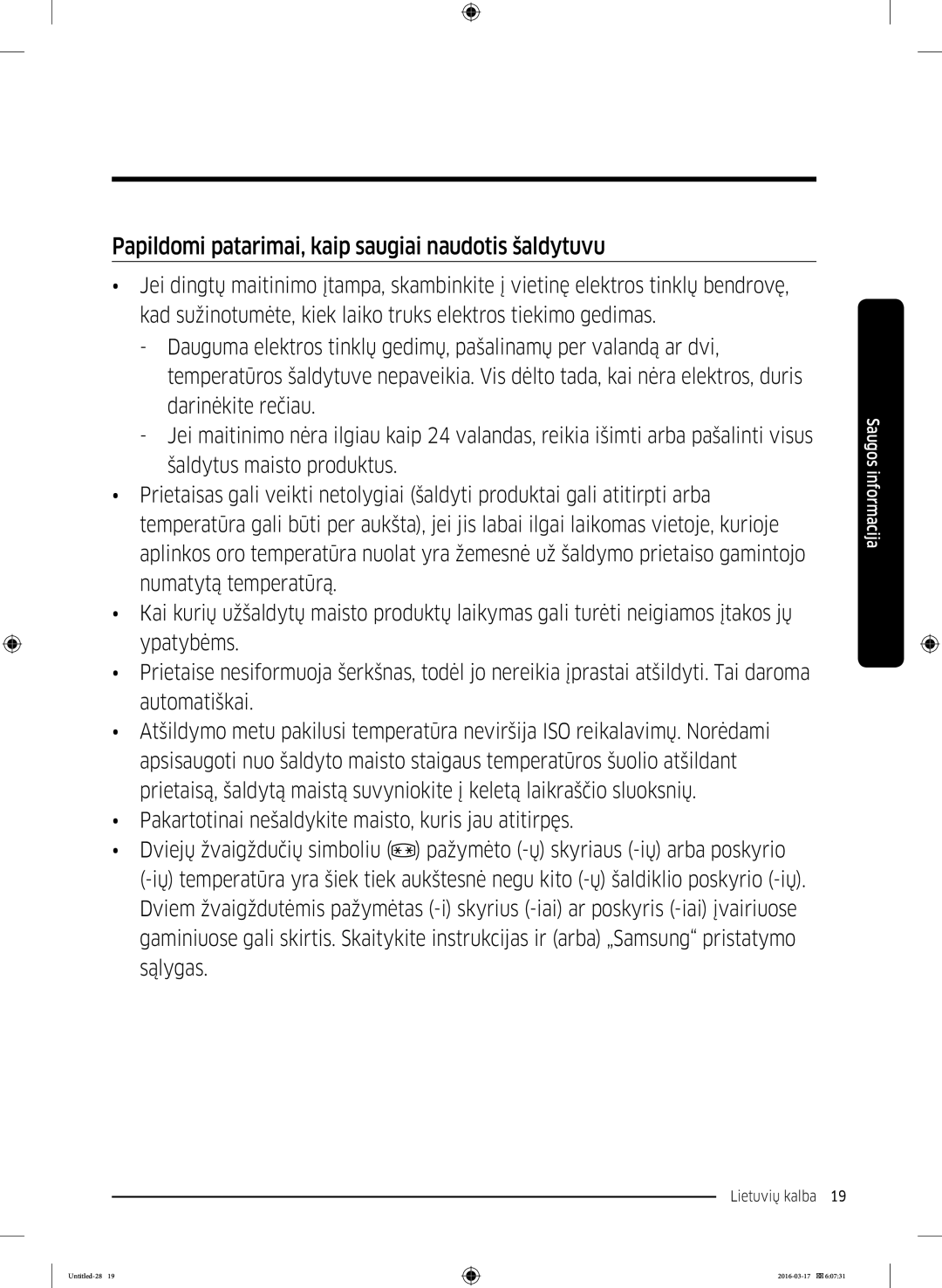 Samsung RS53K4400SA/EF manual Papildomi patarimai, kaip saugiai naudotis šaldytuvu 