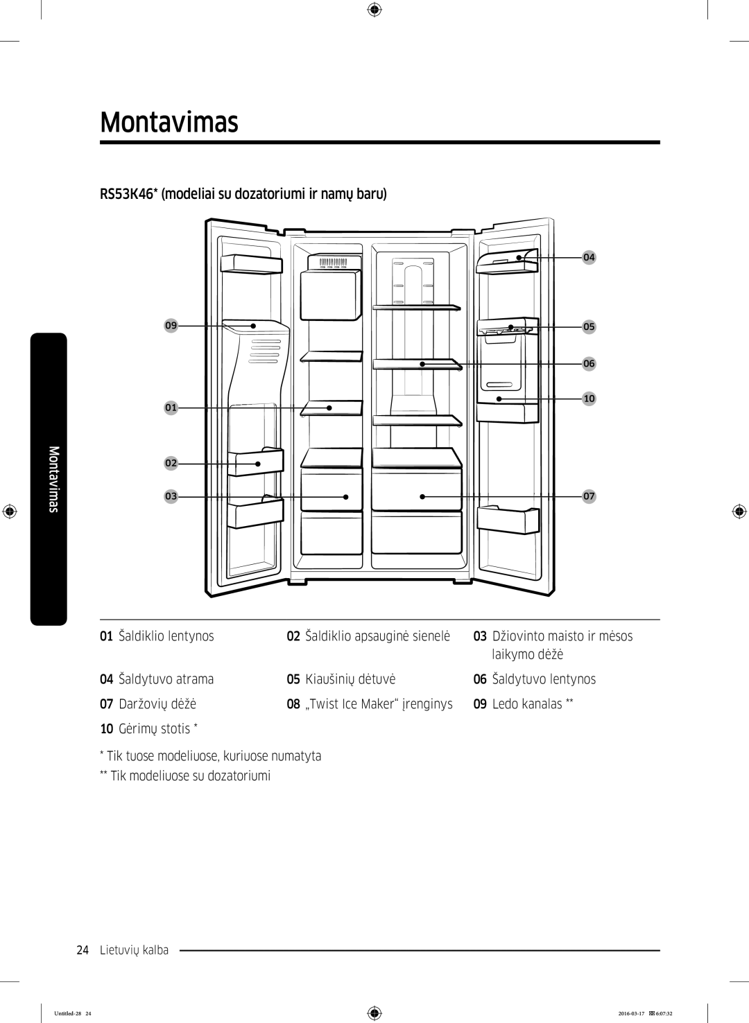 Samsung RS53K4400SA/EF manual RS53K46* modeliai su dozatoriumi ir namų baru, Šaldiklio lentynos Šaldiklio apsauginė sienelė 