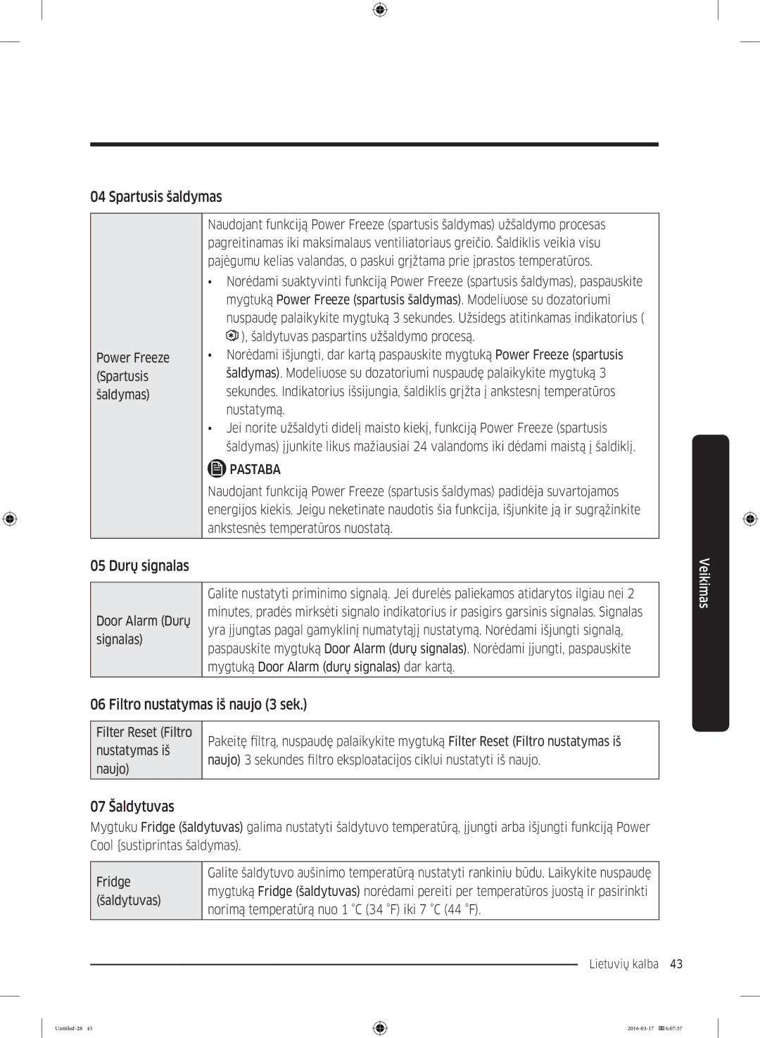 Samsung RS53K4400SA/EF manual Spartusis šaldymas, 05 Durų signalas, Filtro nustatymas iš naujo 3 sek, 07 Šaldytuvas 