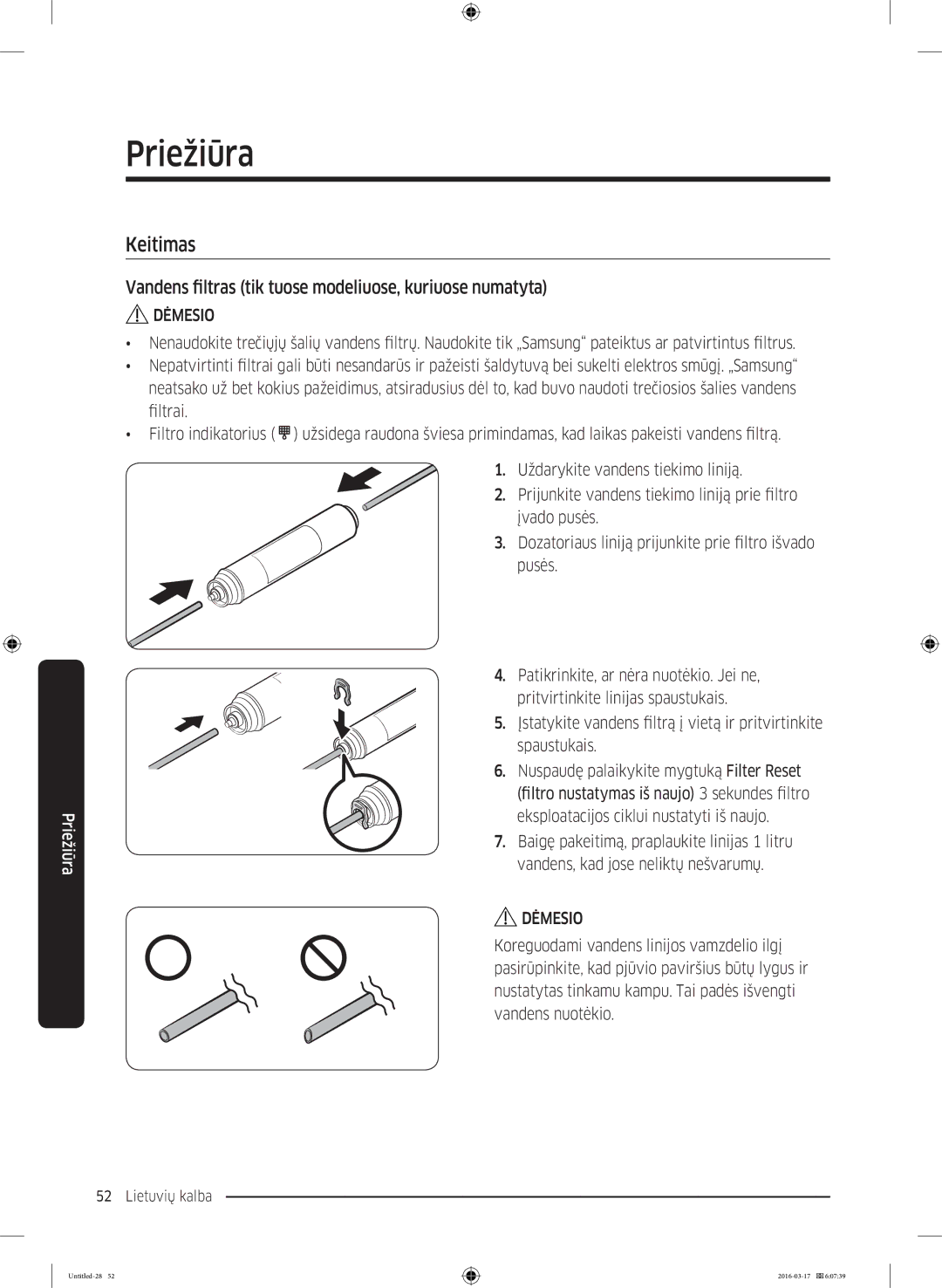 Samsung RS53K4400SA/EF manual Keitimas, Vandens filtras tik tuose modeliuose, kuriuose numatyta 