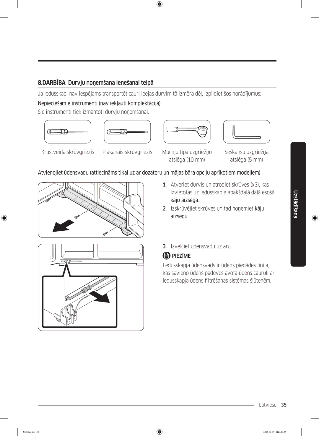 Samsung RS53K4400SA/EF manual Darbība Durvju noņemšana ienešanai telpā 