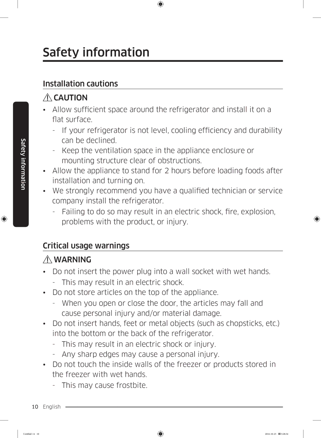 Samsung RS53K4400SA/EF manual Installation cautions 