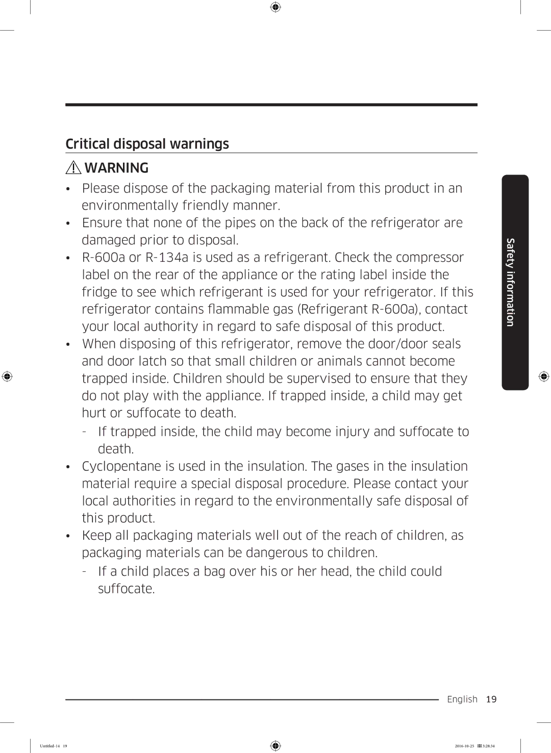 Samsung RS53K4400SA/EF manual Critical disposal warnings 