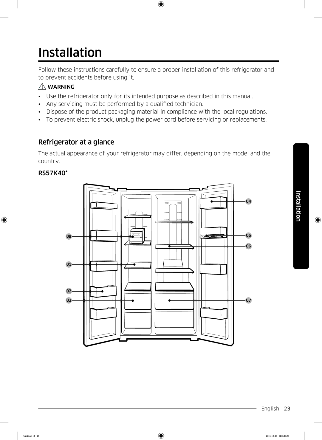 Samsung RS53K4400SA/EF manual Installation, RS57K40 