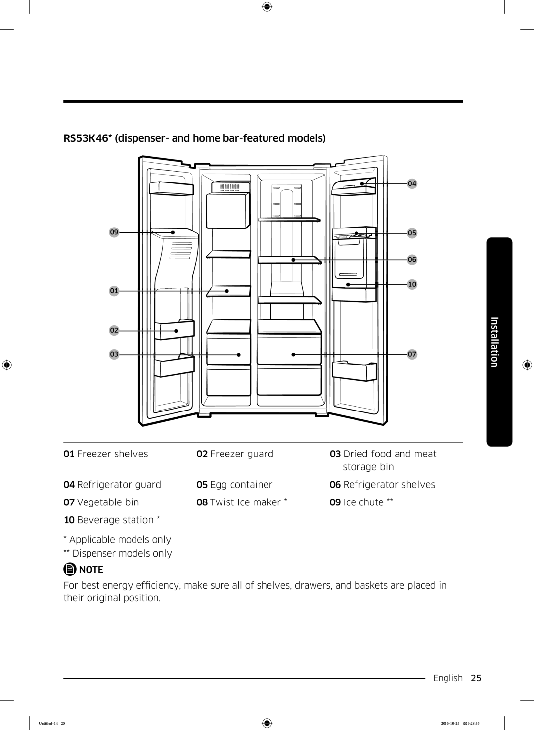 Samsung RS53K4400SA/EF manual RS53K46* dispenser- and home bar-featured models 