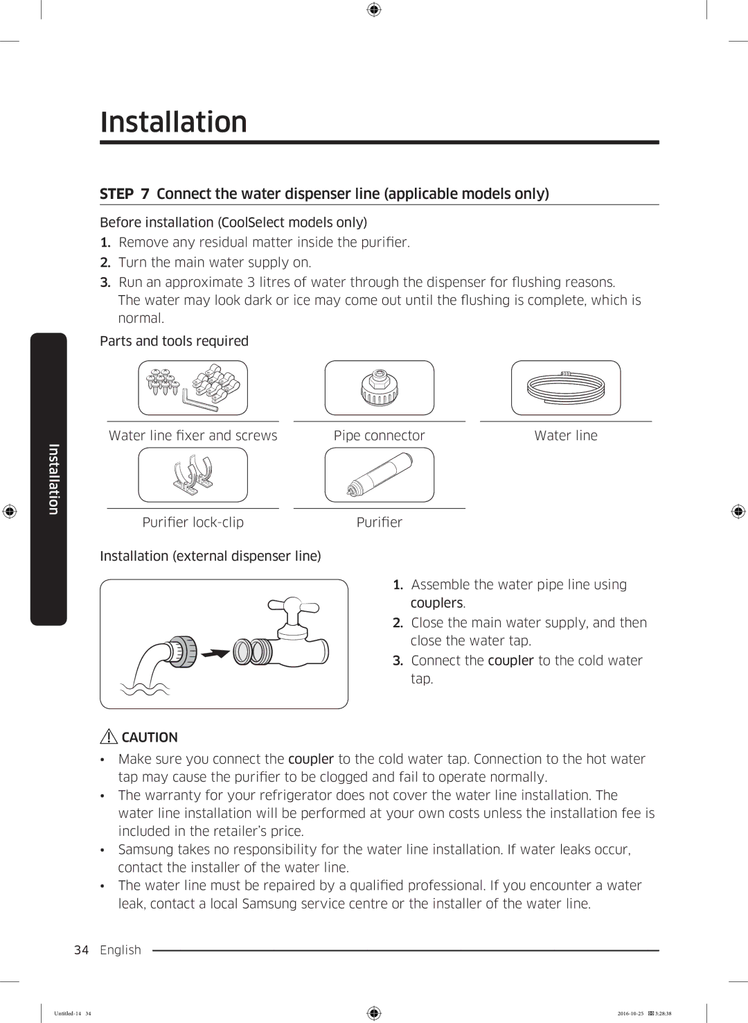 Samsung RS53K4400SA/EF manual Connect the water dispenser line applicable models only 