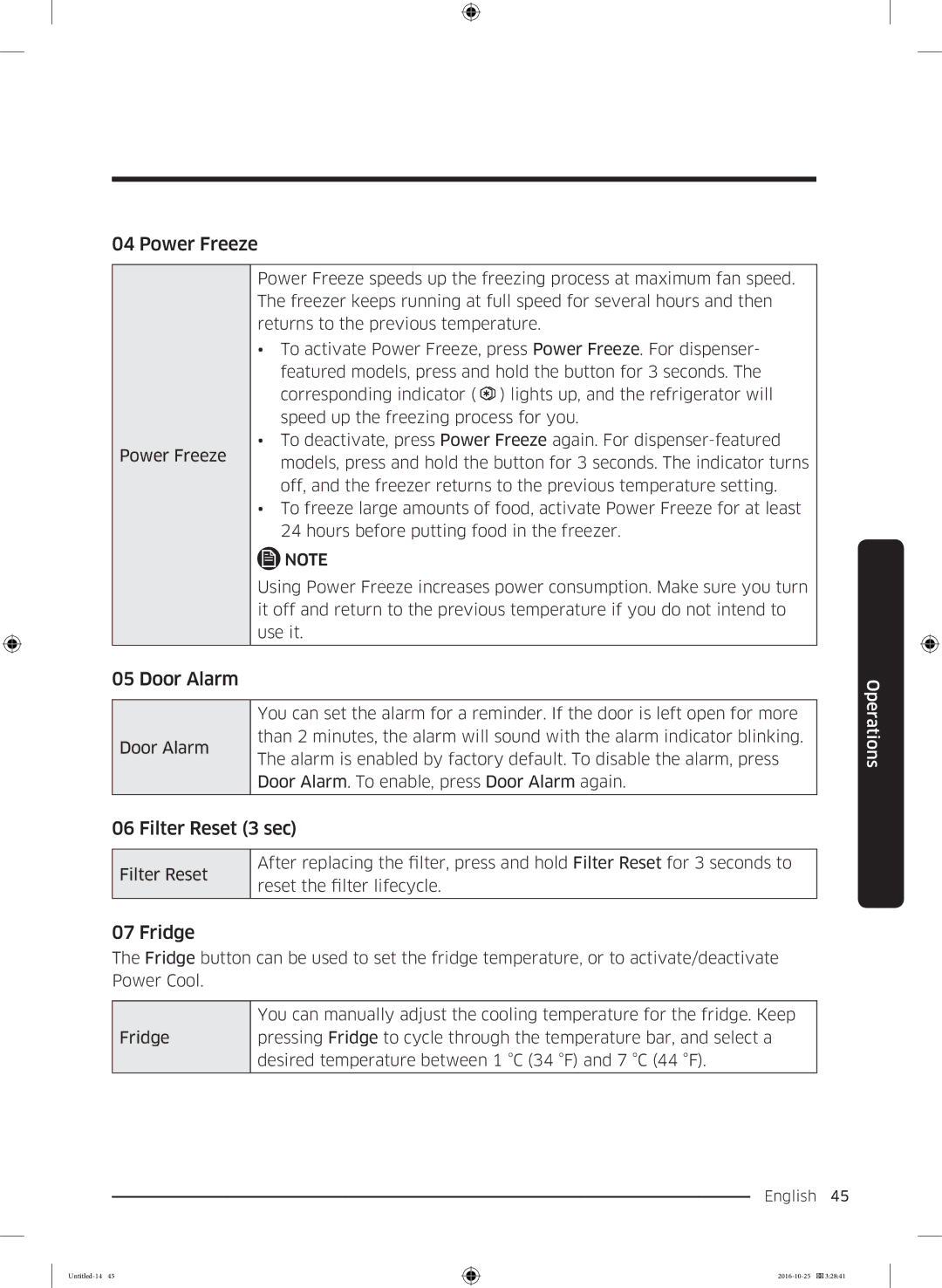 Samsung RS53K4400SA/EF manual Power Freeze, Door Alarm, Filter Reset 3 sec, Fridge 