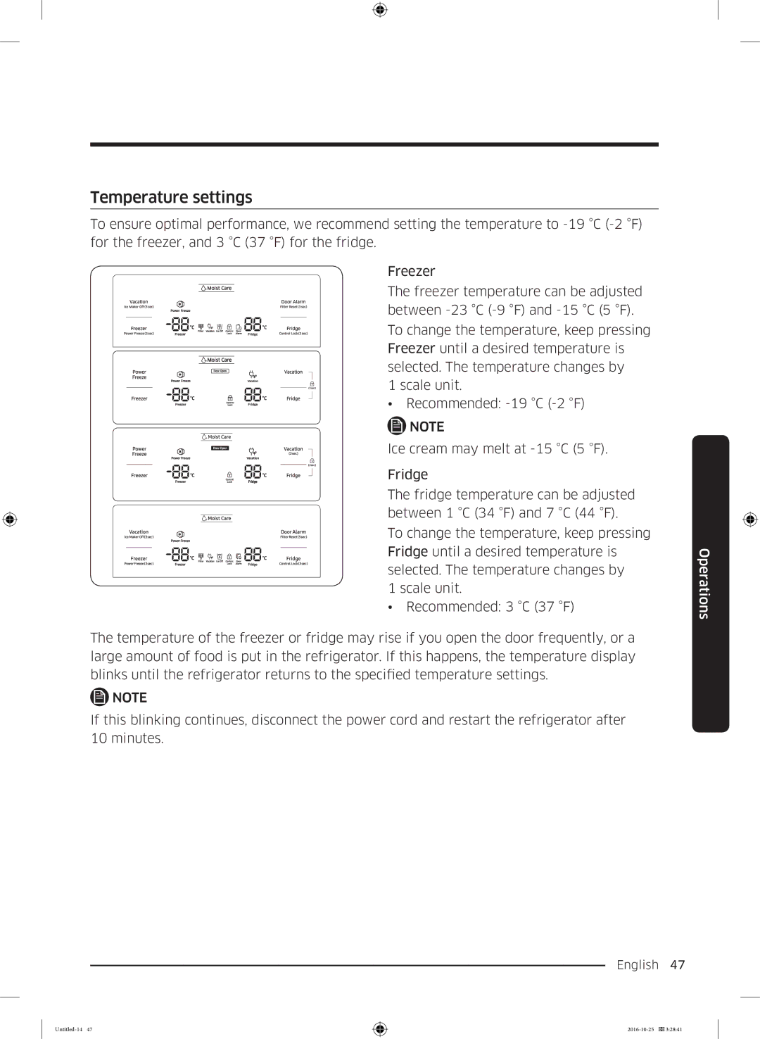 Samsung RS53K4400SA/EF manual Temperature settings 