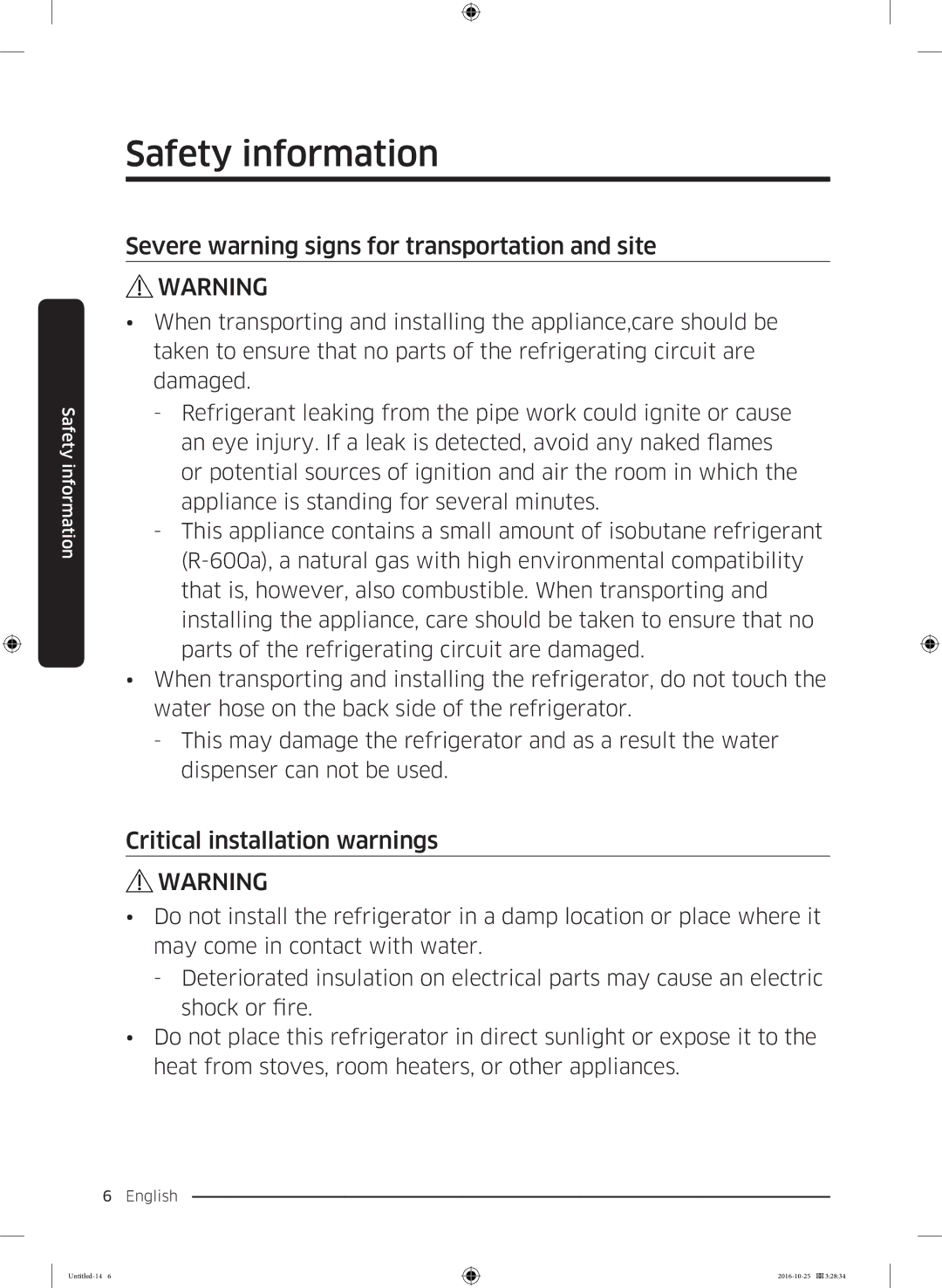 Samsung RS53K4400SA/EF manual Severe warning signs for transportation and site 