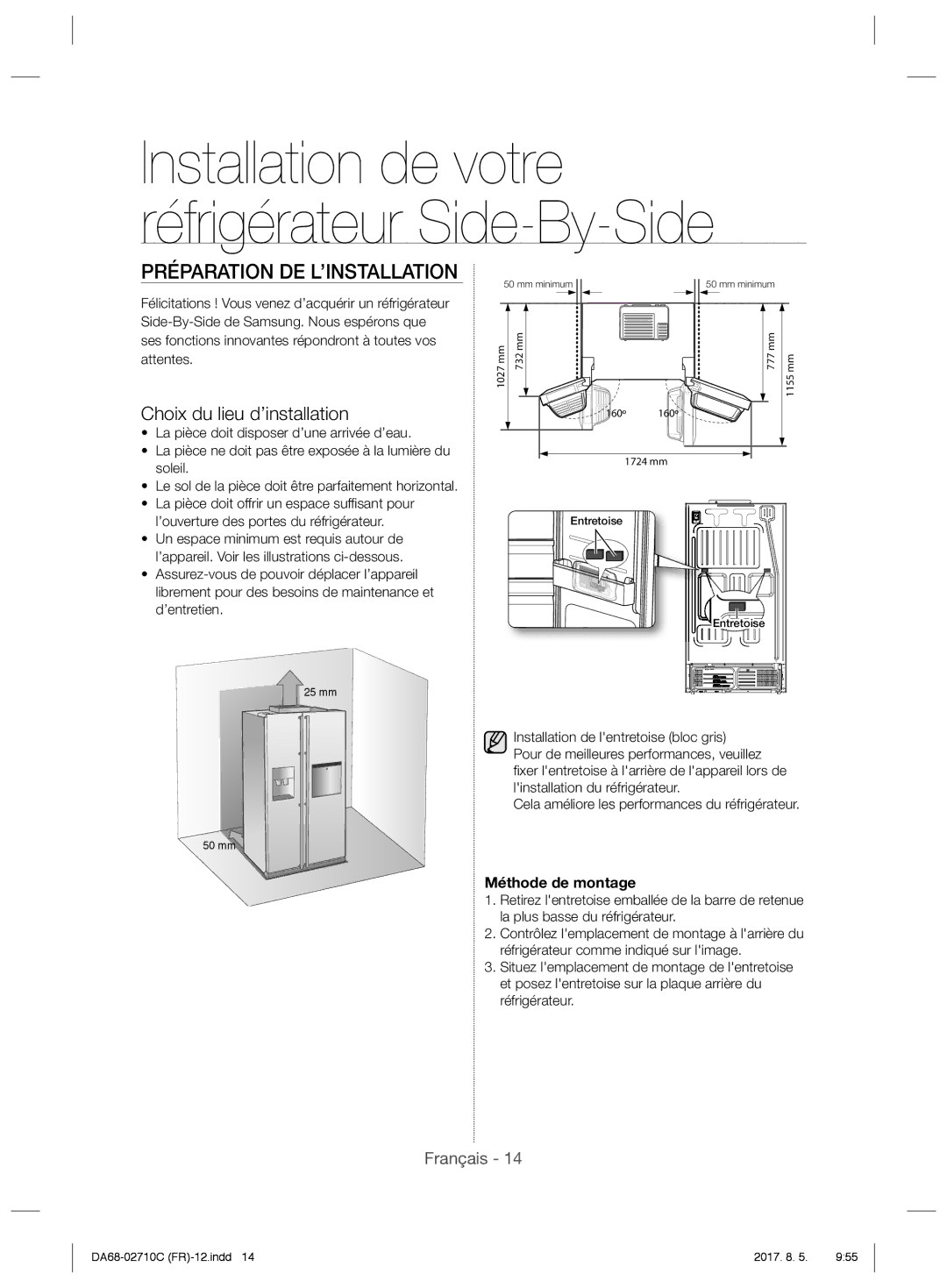 Samsung RS53K4600SA/EF, RS53K4400WW/EF, RS53K4400SA/EF manual Préparation DE L’INSTALLATION, Choix du lieu d’installation 