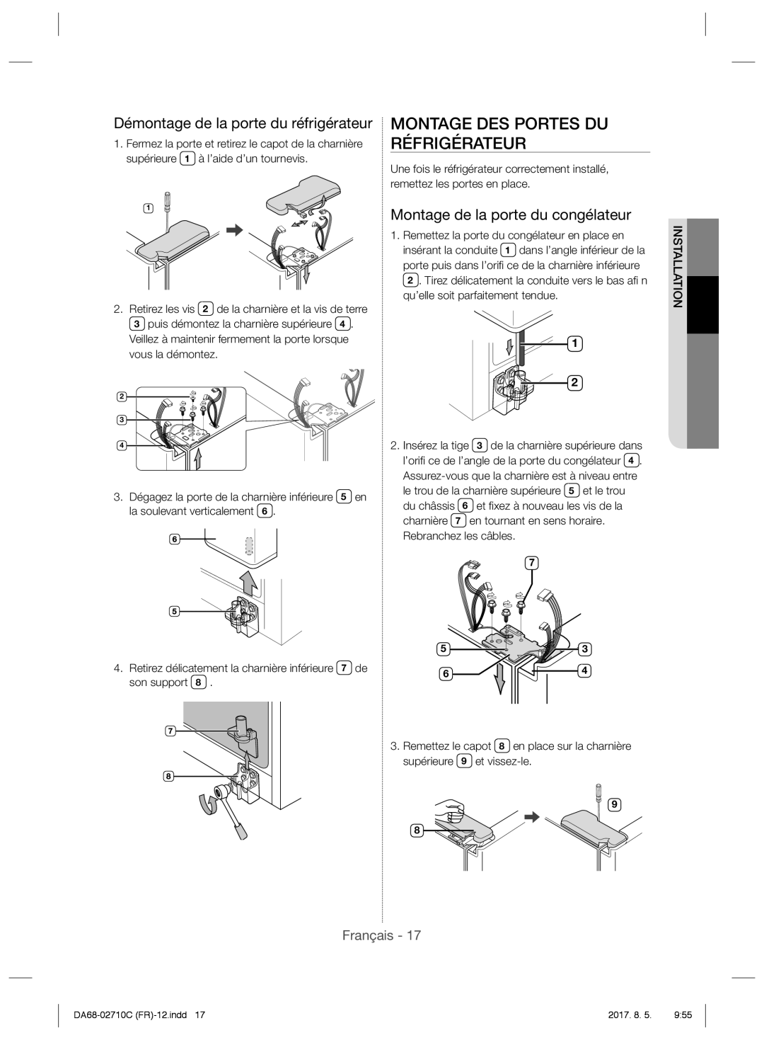 Samsung RS53K4600SA/EF, RS53K4400WW/EF manual Montage DES Portes DU, Réfrigérateur, Démontage de la porte du réfrigérateur 