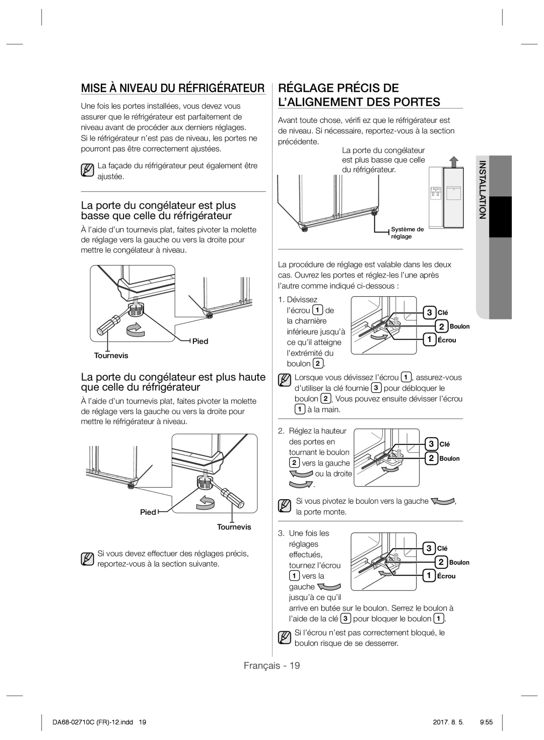 Samsung RS53K4400SA/EF, RS53K4400WW/EF, RS53K4600SA/EF manual Réglage Précis DE L’ALIGNEMENT DES Portes 