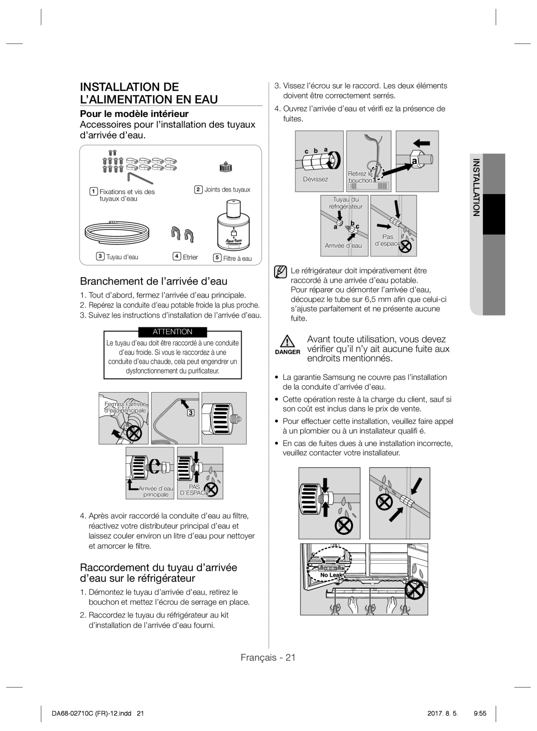 Samsung RS53K4400WW/EF, RS53K4400SA/EF manual Installation DE L’ALIMENTATION EN EAU, Branchement de l’arrivée d’eau 