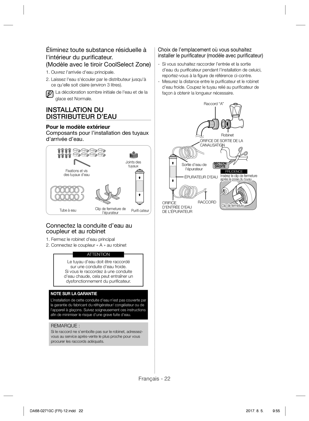 Samsung RS53K4400SA/EF manual Installation DU Distributeur D’EAU, Connectez la conduite d’eau au coupleur et au robinet 