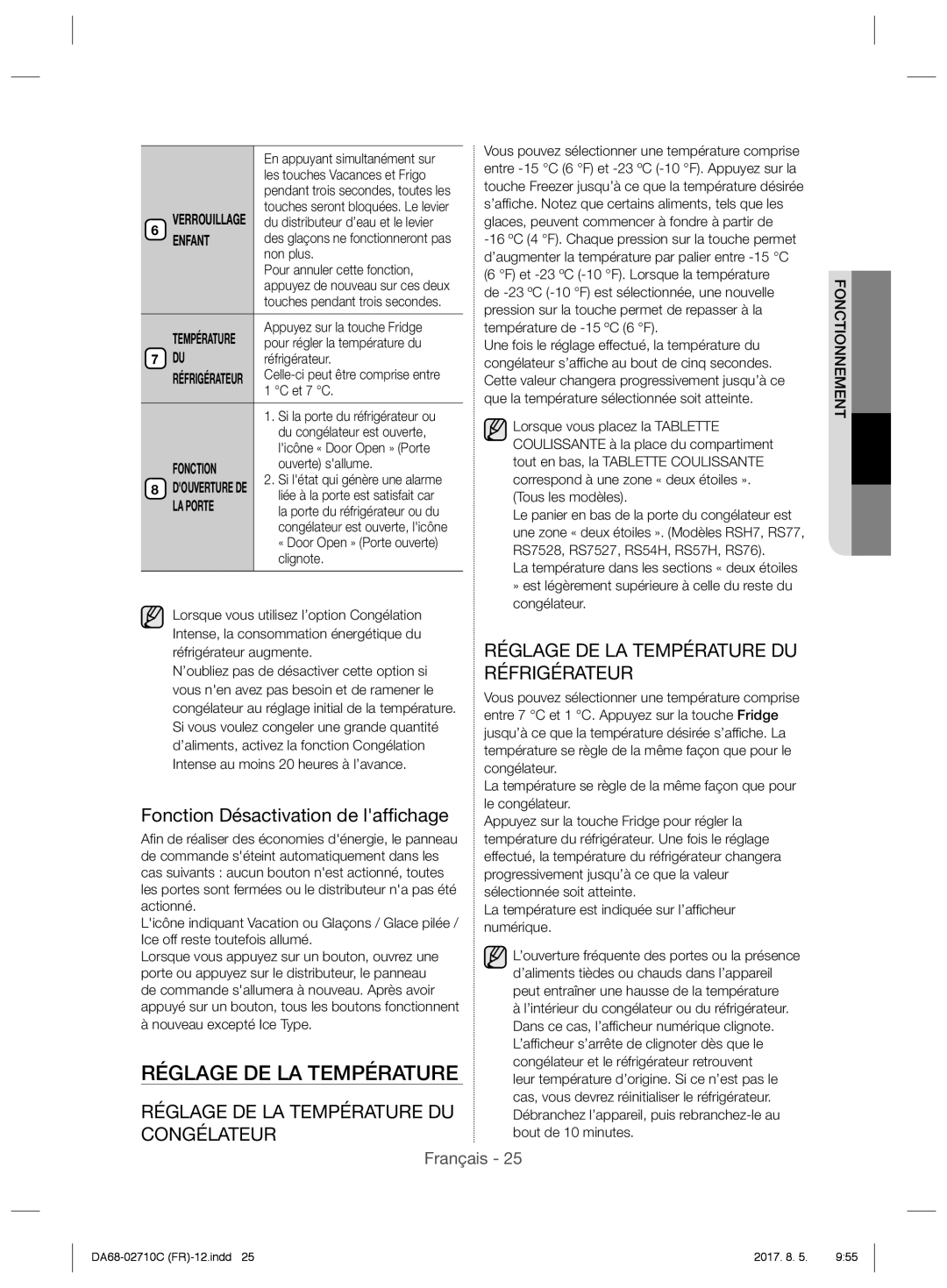 Samsung RS53K4400SA/EF, RS53K4400WW/EF, RS53K4600SA/EF manual Réglage DE LA Température, Fonction Désactivation de lafﬁchage 