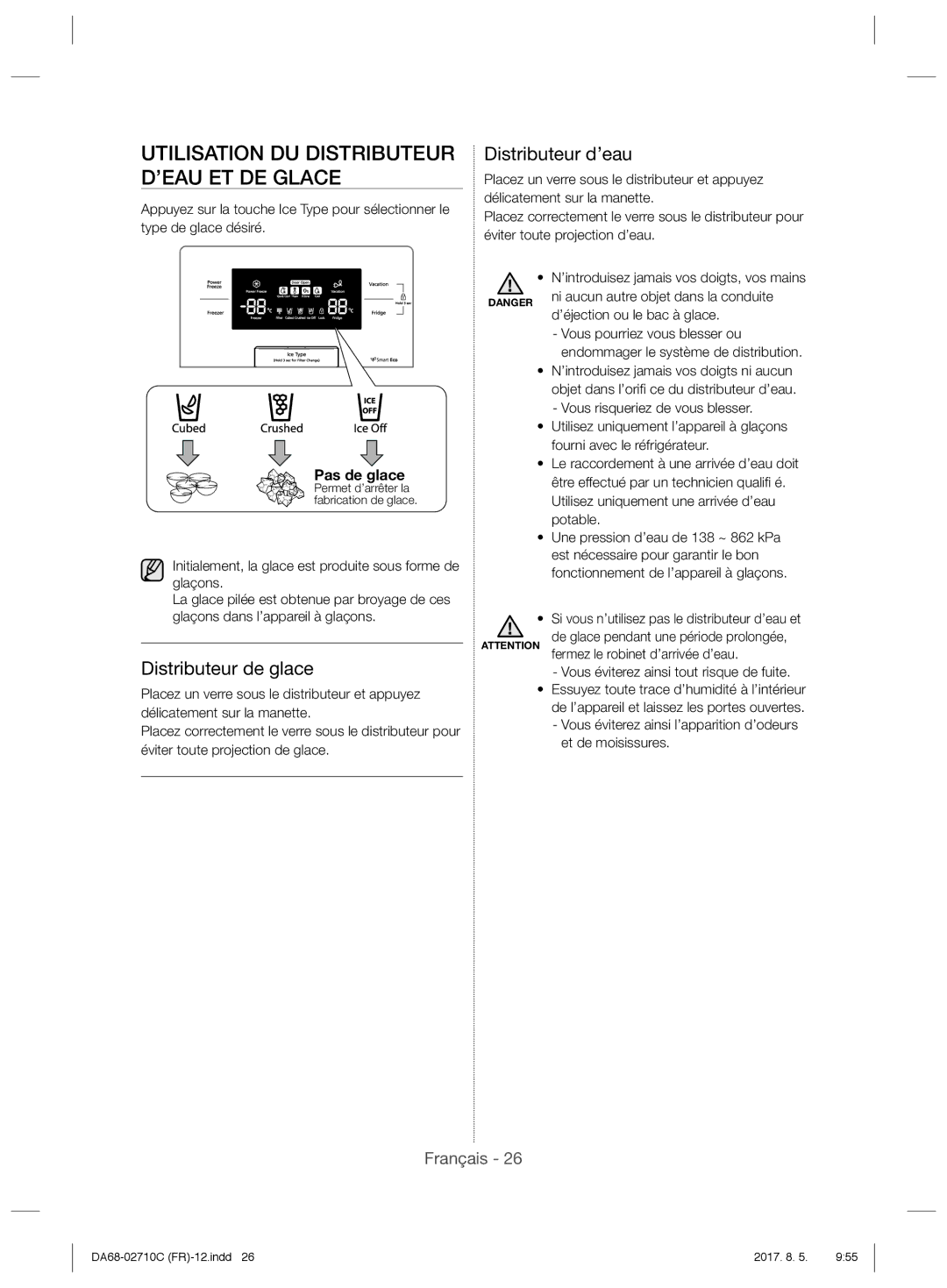 Samsung RS53K4600SA/EF manual Utilisation DU Distributeur D’EAU ET DE Glace, Distributeur de glace, Distributeur d’eau 