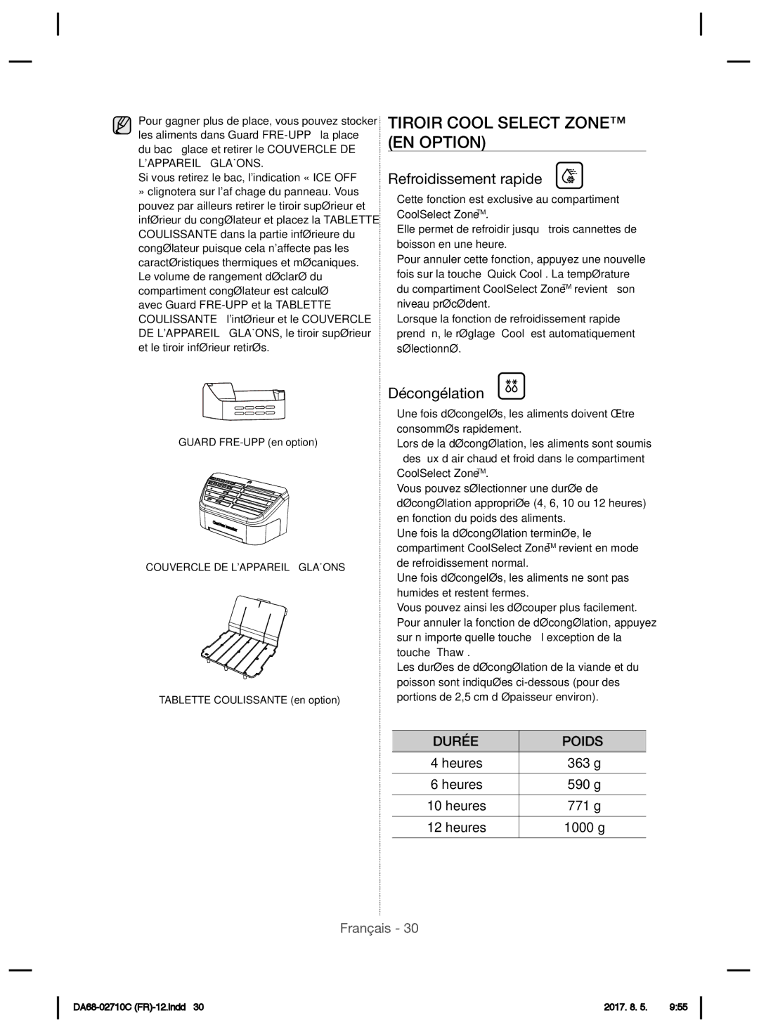 Samsung RS53K4400WW/EF, RS53K4400SA/EF manual Tiroir Cool Select Zone EN Option, Refroidissement rapide, Décongélation 