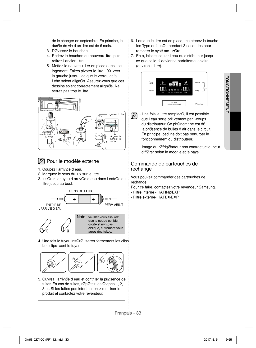 Samsung RS53K4400WW/EF, RS53K4400SA/EF, RS53K4600SA/EF manual Pour le modèle externe, Commande de cartouches de rechange 