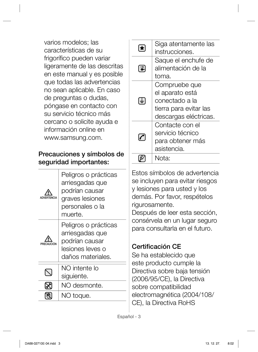 Samsung RS7528THCWW/EF, RS54HDRPBSL/EF, RS7528THCSL/EF, RS7677FHCSL/EF, RS7527THCSL/EF, RS7667FHCSP/EF manual Graves lesiones 