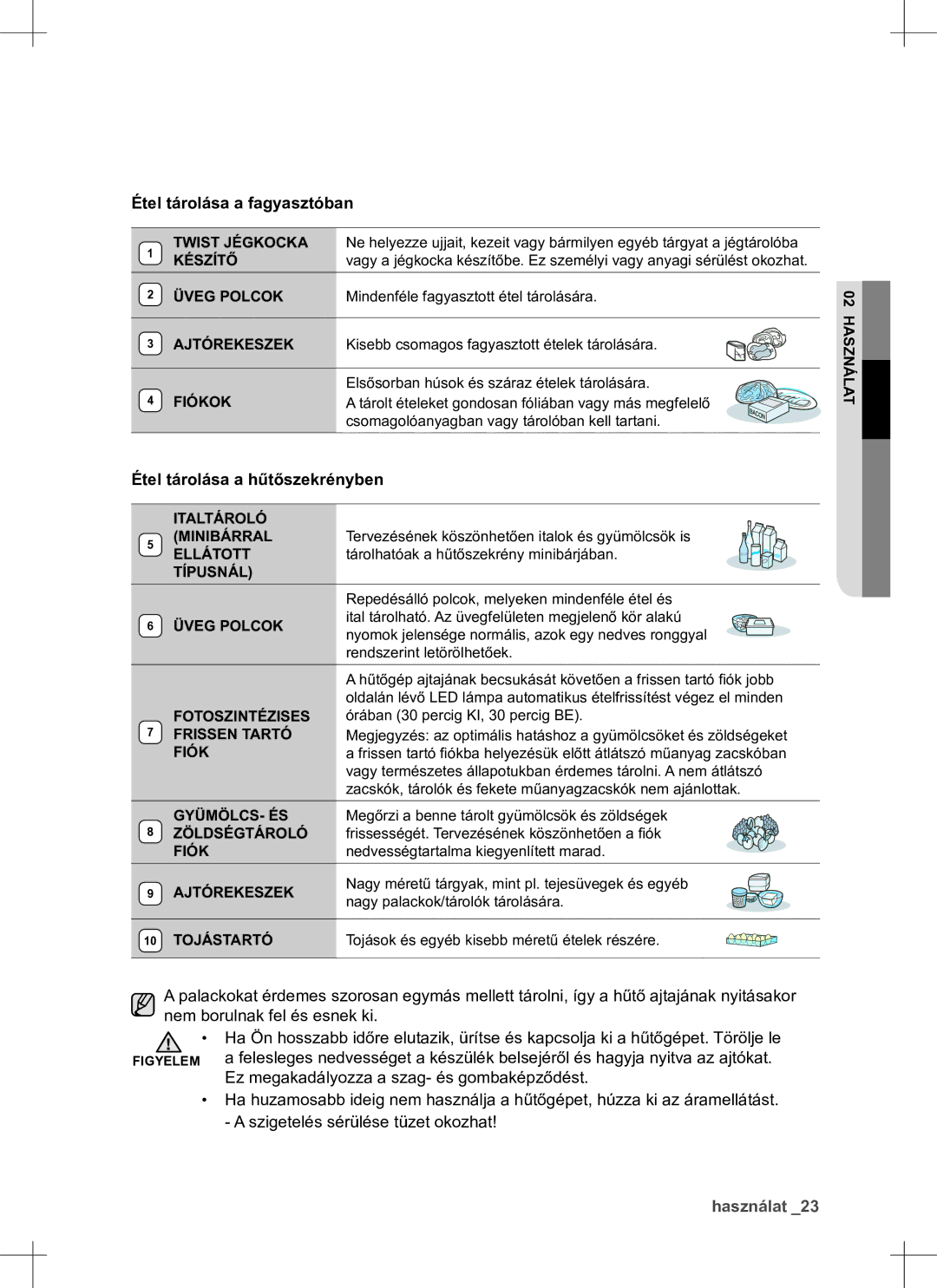 Samsung RS552NRUA1J/EO manual Étel tárolása a hűtőszekrényben 