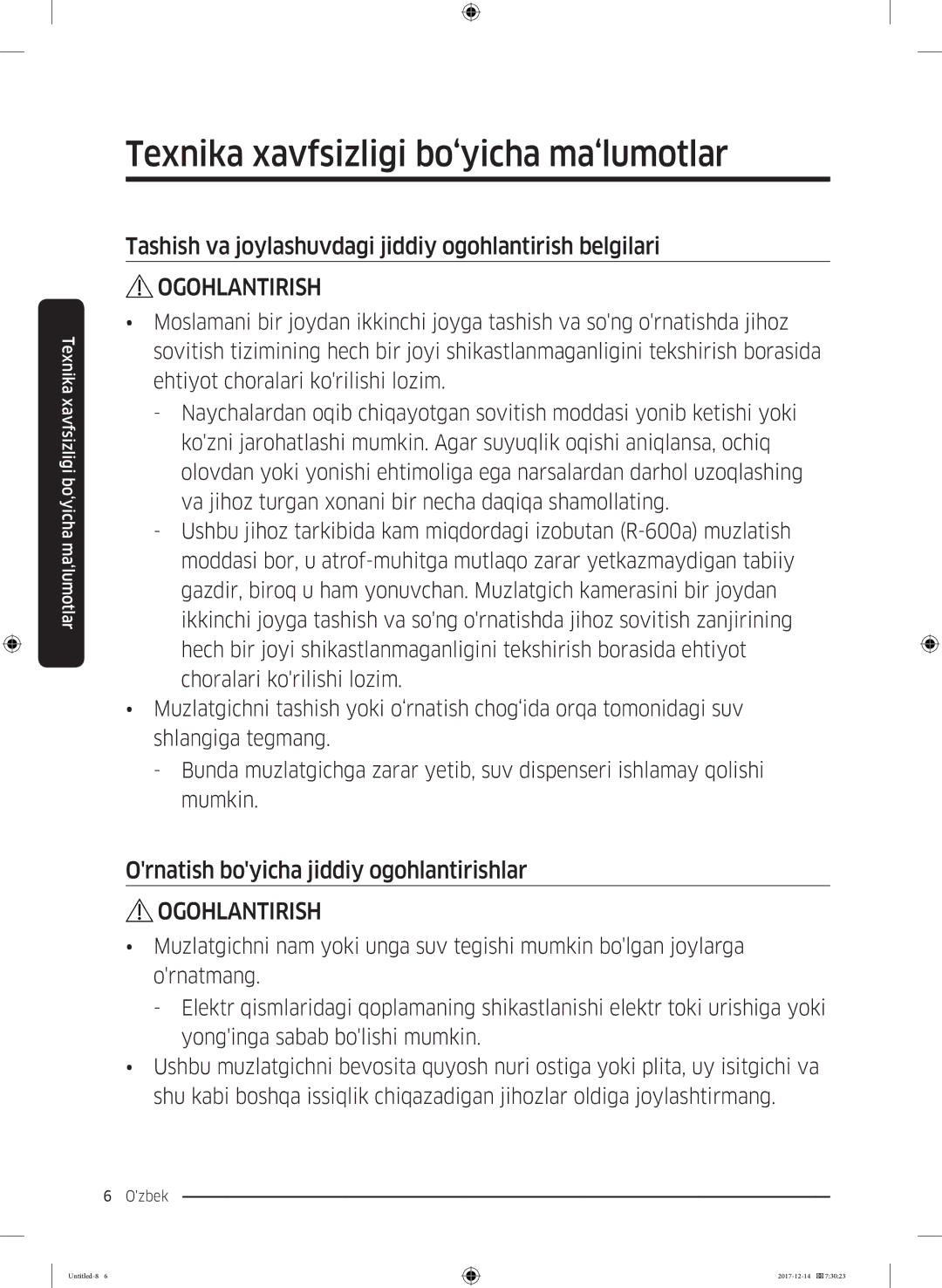 Samsung RS55K50A02C/WT manual Tashish va joylashuvdagi jiddiy ogohlantirish belgilari 