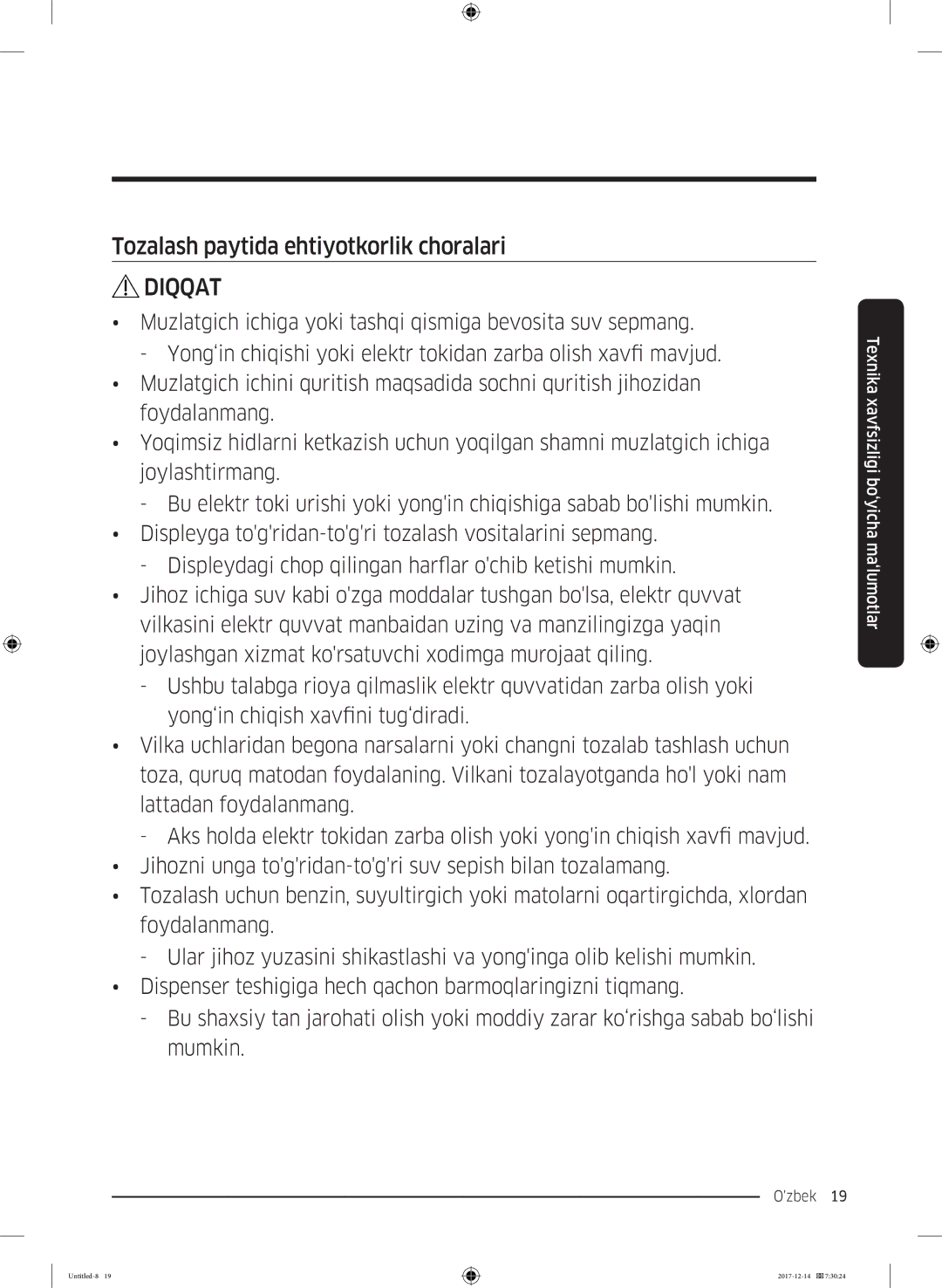 Samsung RS55K50A02C/WT manual Tozalash paytida ehtiyotkorlik choralari 