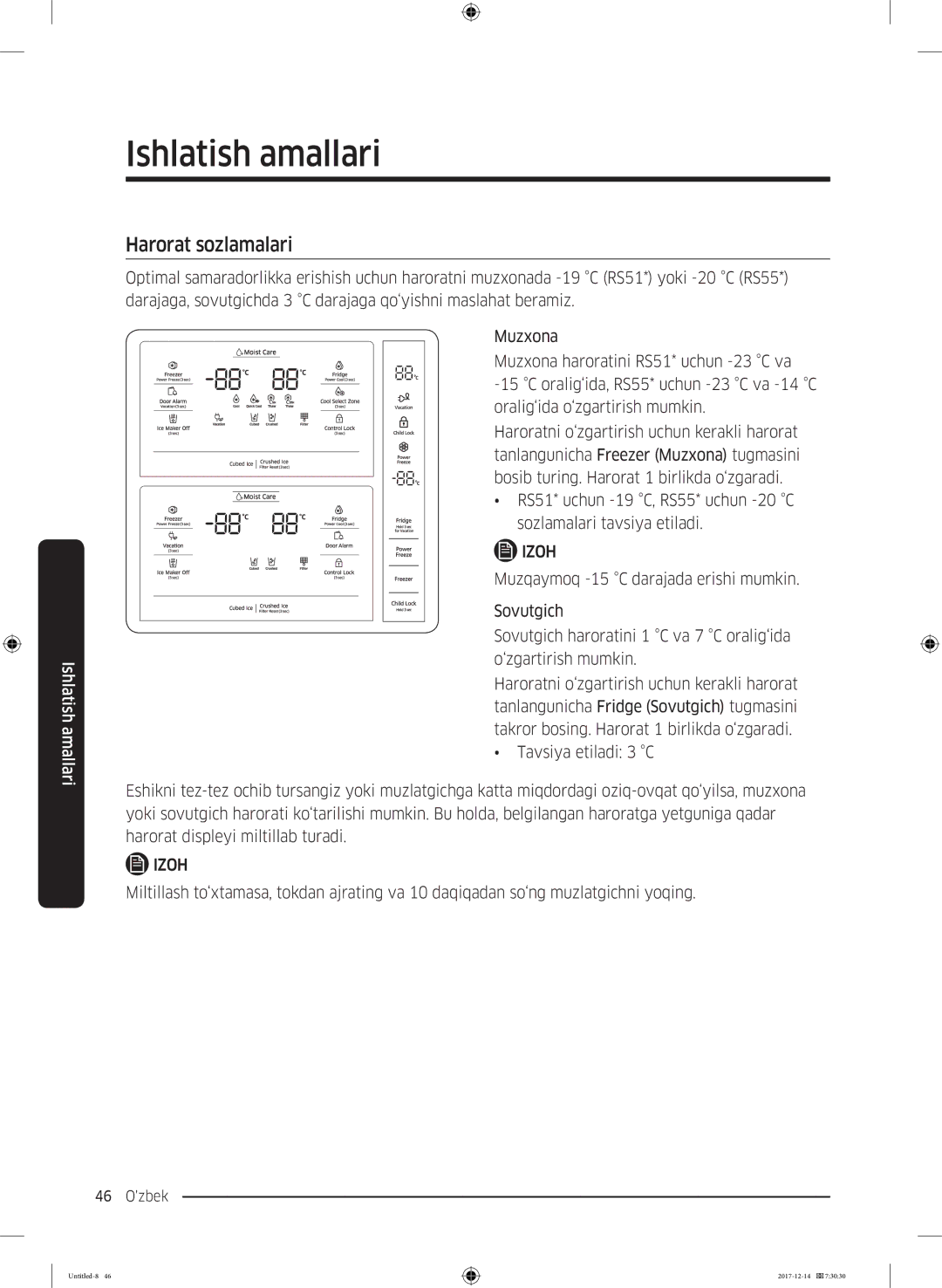 Samsung RS55K50A02C/WT manual Harorat sozlamalari 