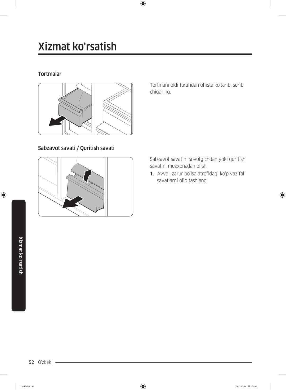 Samsung RS55K50A02C/WT manual Tortmalar, Sabzavot savati / Quritish savati 