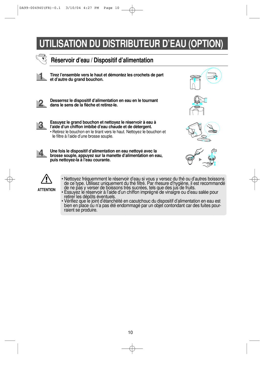 Samsung RS55XJLAL1/XEF manual Utilisation DU Distributeur D’EAU Option, Réservoir d’eau / Dispositif d’alimentation 