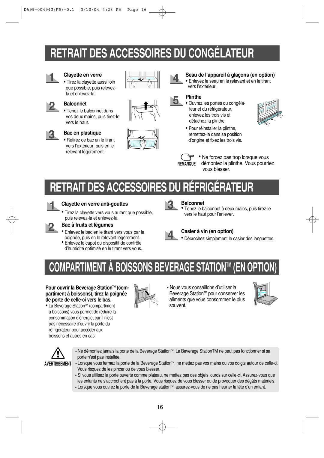 Samsung RS55XJLAT1/XEF manual Clayette en verre, Bac en plastique, Seau de l’appareil à glaçons en option, Plinthe 