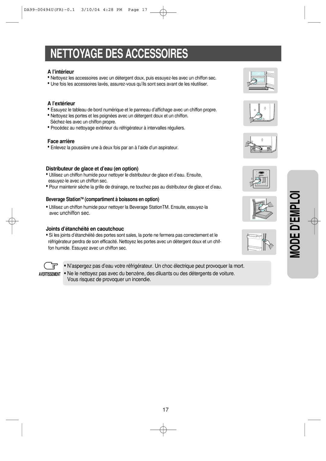 Samsung RS55XJPSW1/XEF, RS55XKGNS1/XEF, RS55XJLAL1/XEF, RS55XDPSW1/XEF, RS55XKLSG1/XEF manual Nettoyage DES Accessoires 