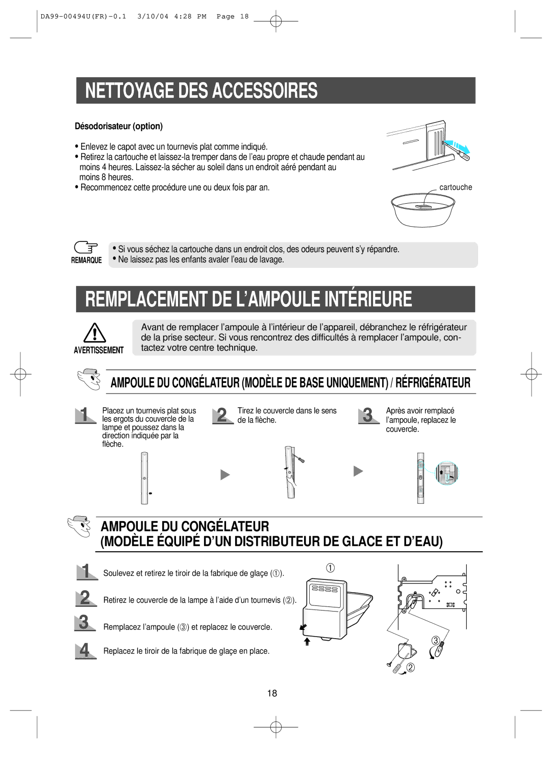 Samsung RS55XKGNS1/XEF, RS55XJLAL1/XEF, RS55XDPSW1/XEF manual Remplacement DE L’AMPOULE Inté Rieure, Désodorisateur option 