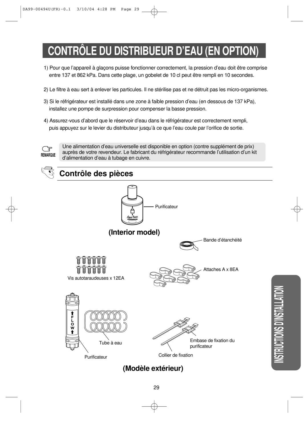 Samsung RS55XDPSW1/XEF, RS55XKGNS1/XEF, RS55XJLAL1/XEF manual Contrô LE DU Distribueur D’EAU EN Option, Contrô le des piè ces 