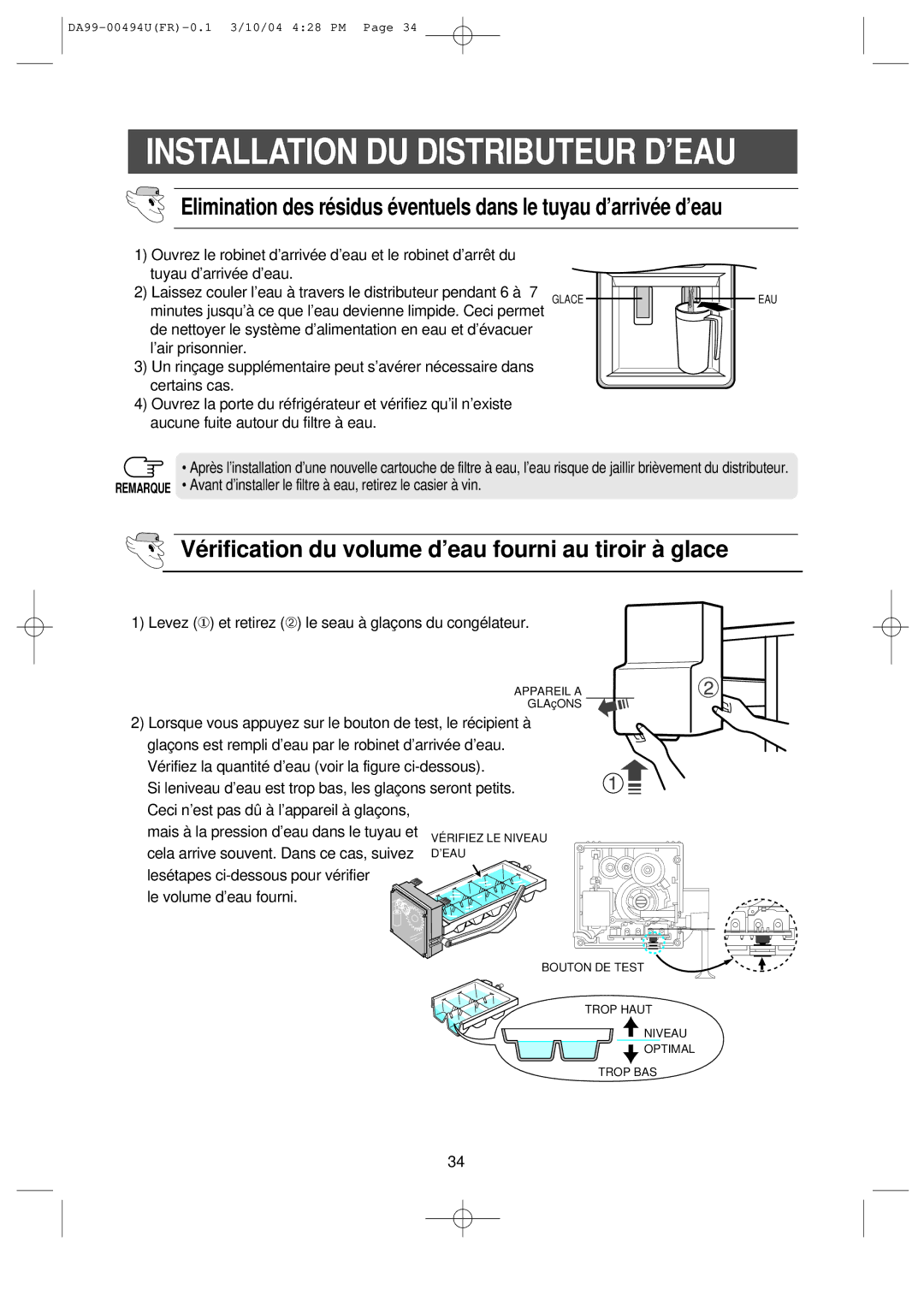 Samsung RS55XJLAT1/XEF, RS55XKGNS1/XEF, RS55XJLAL1/XEF manual Vé rification du volume d’eau fourni au tiroir à glace 