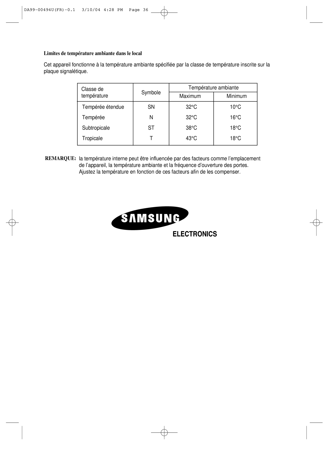 Samsung RS55XKGNS1/XEF, RS55XJLAL1/XEF, RS55XDPSW1/XEF, RS55XKLSG1/XEF manual Limites de température ambiante dans le local 