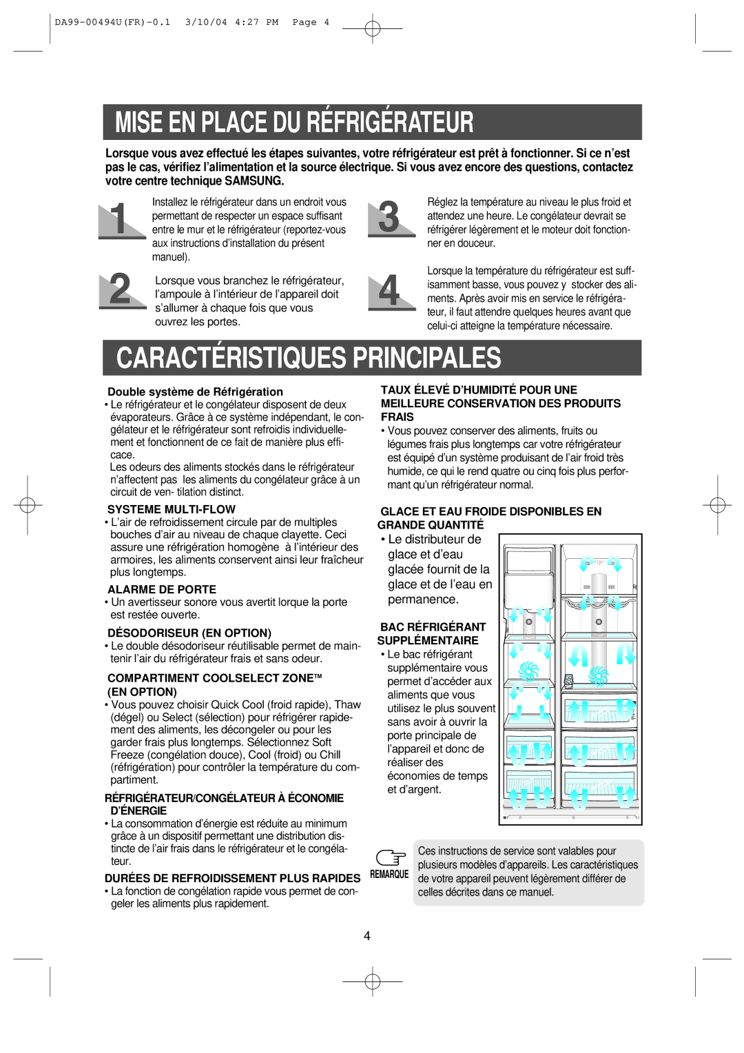 Samsung RS55XJLMR1/XEF manual Mise EN Place DU Réfrigérateur, Caractéristiques Principales, Double système de Réfrigération 