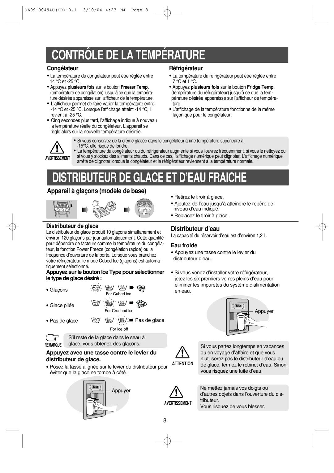 Samsung RS55XJPSW1/XEF, RS55XKGNS1/XEF Contrôle DE LA Température, Eau froide, Appuyez avec une tasse contre le levier du 