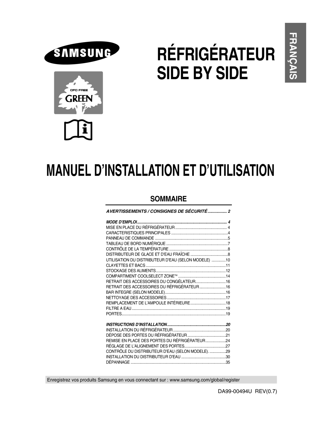 Samsung RS56XKJNS1/XEF, RS55XKGNS1/XEF, RS56XDJNS1/XEF, RS55XJLAL1/XEF, RS55XDPSW1/XEF manual Réfrigérateur Side by Side 