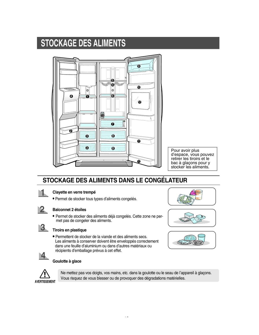 Samsung RS56XDJSW1/XEF manual Stockage DES Aliments, Clayette en verre trempé, Balconnet 2 étoiles, Tiroirs en plastique 