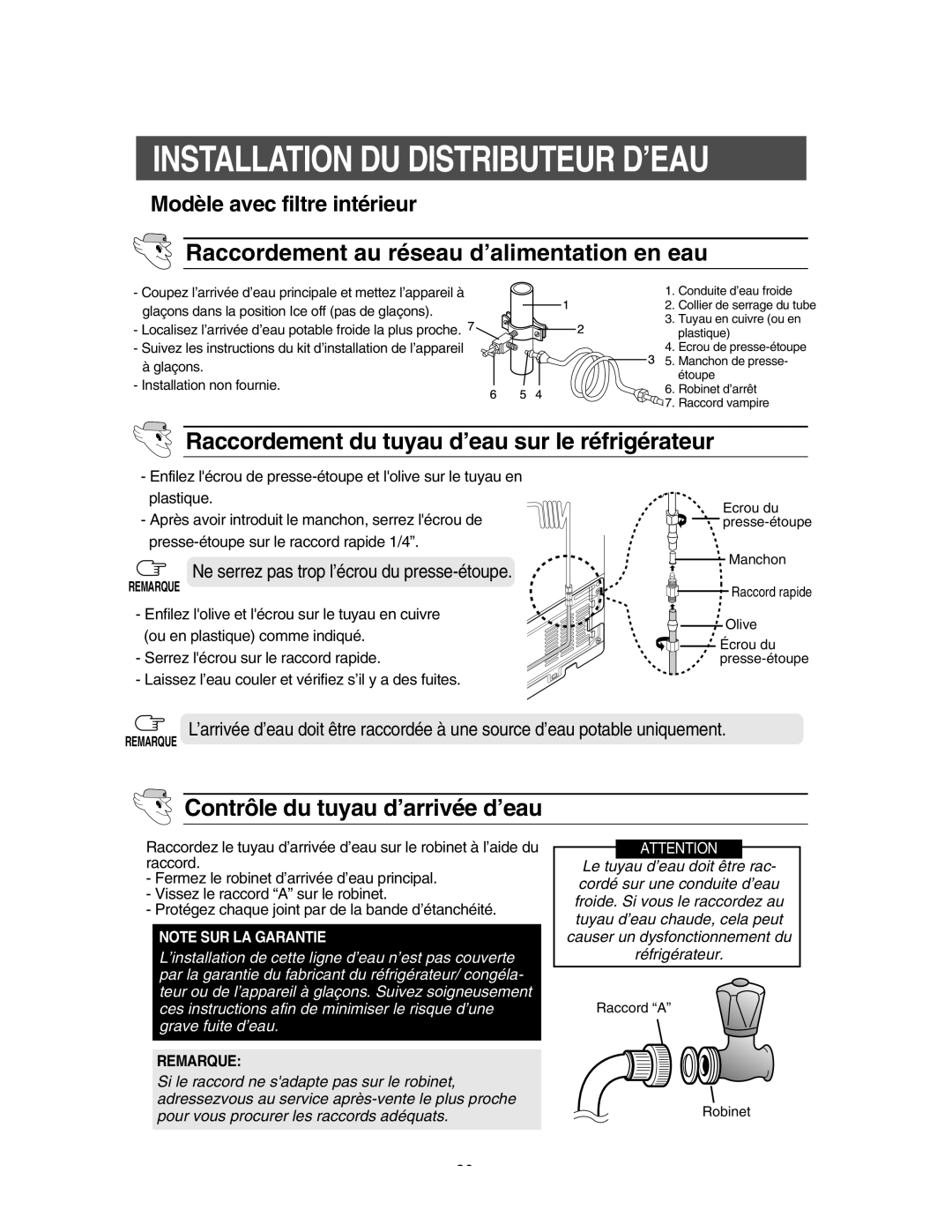 Samsung RS55XDPSW1/XEF, RS55XKGNS1/XEF Installation DU Distributeur D’EAU, Raccordement au réseau d’alimentation en eau 