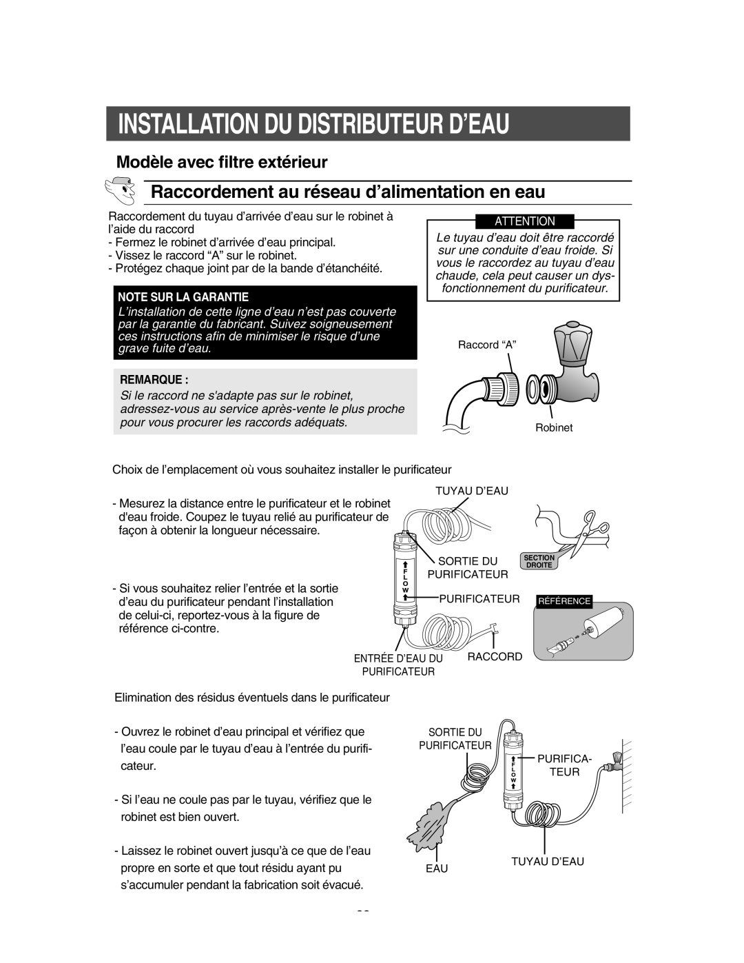 Samsung RS55XDGNS1/XEF, RS55XKGNS1/XEF, RS56XKJNS1/XEF, RS56XDJNS1/XEF ’eau coule par le tuyau d’eau à l’entrée du purifi 