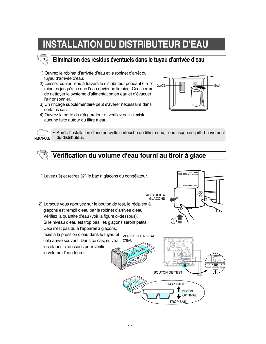 Samsung RS55XFCSW1/XEF, RS55XKGNS1/XEF, RS56XKJNS1/XEF, RS56XDJNS1/XEF Vérification du volume d’eau fourni au tiroir à glace 