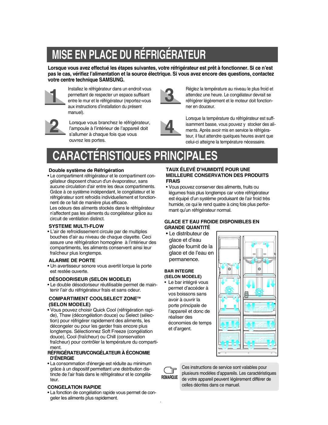 Samsung RS55XDPSW1/XEF manual Mise EN Place DU Réfrigérateur, Caractéristiques Principales, Double système de Réfrigération 