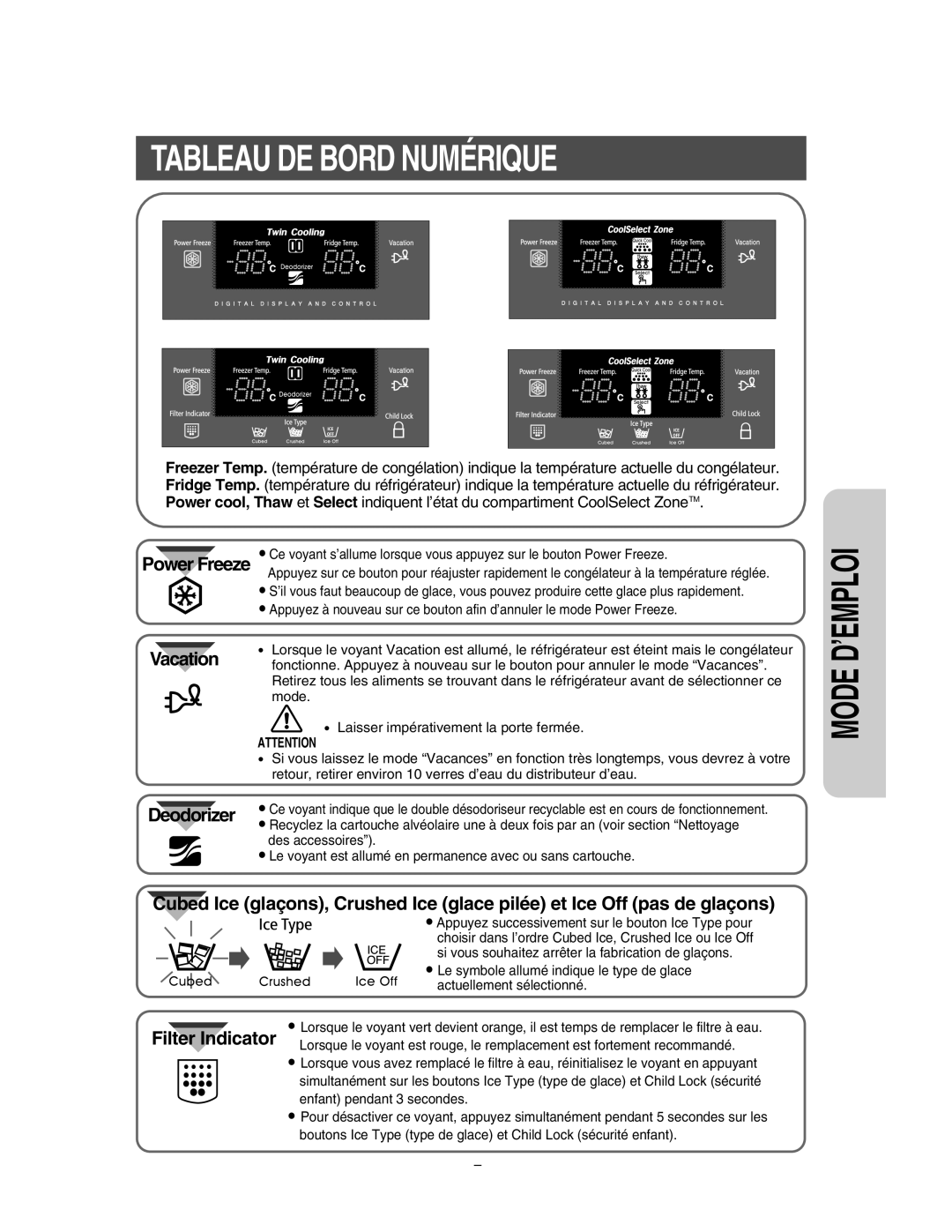 Samsung RS55XDASW1/XEF, RS55XKGNS1/XEF, RS56XKJNS1/XEF, RS56XDJNS1/XEF manual Tableau DE Bord Numérique, Vacation Deodorizer 