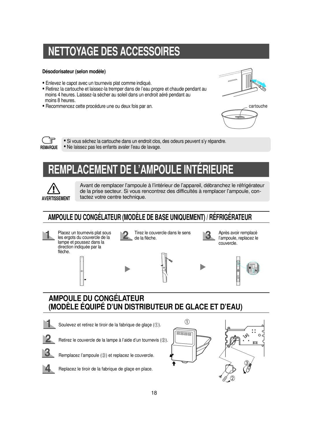 Samsung RS56XDJNS1/XEF manual Désodorisateur selon modèle, Tirez le couvercle dans le sens, De la flèche, Couvercle 