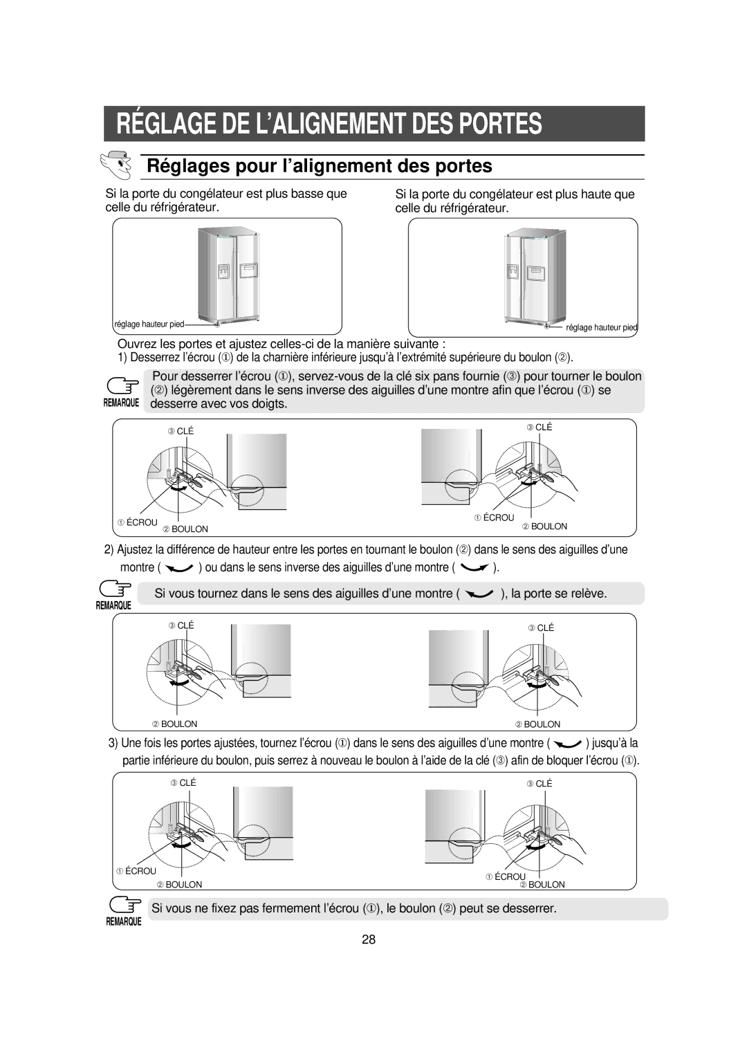 Samsung RS56XDJNS1/XEF, RS56XDJSW1/XEF manual Ré glages pour l’alignement des portes, Remarque 