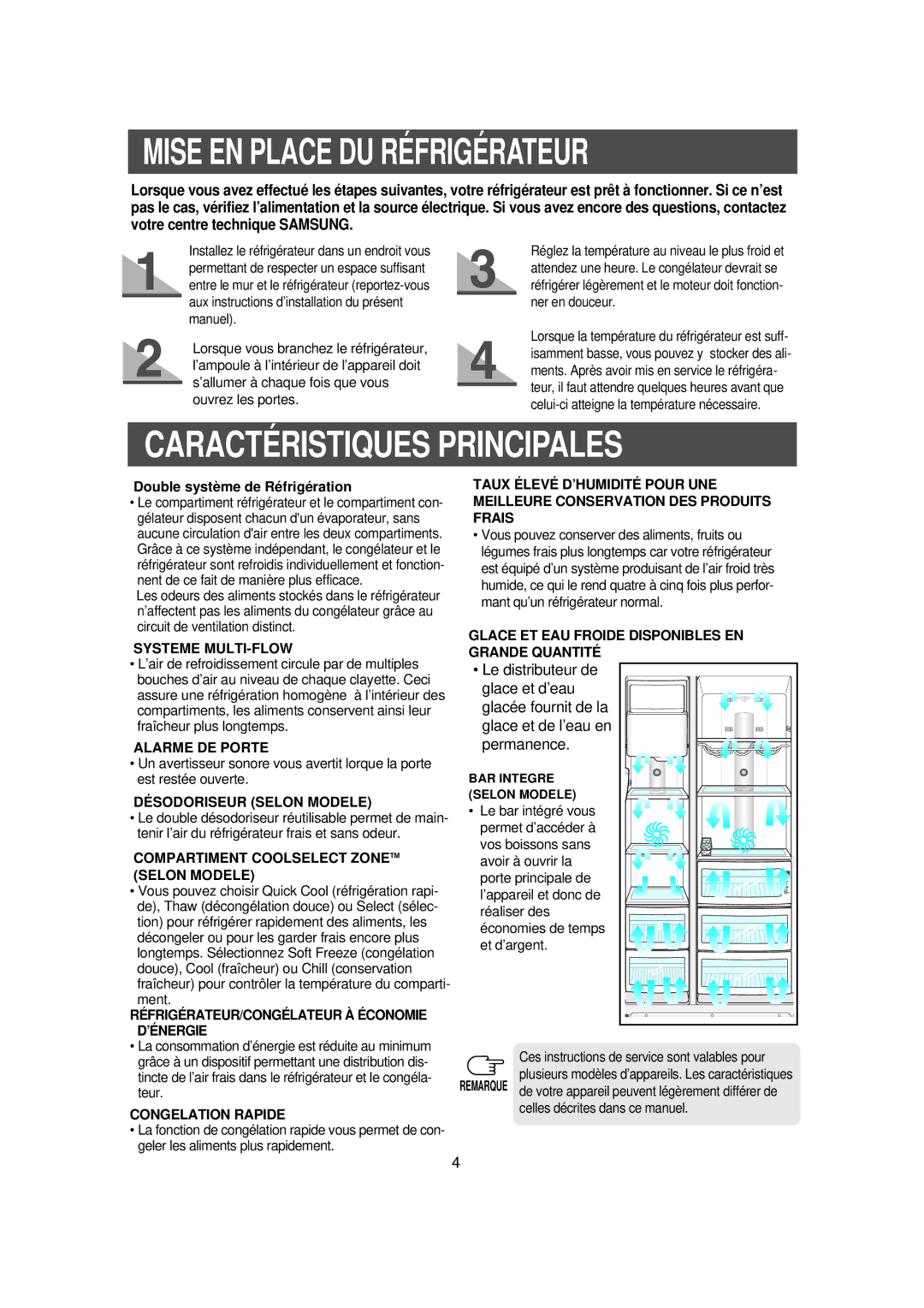 Samsung RS56XDJNS1/XEF manual Mise EN Place DU Réfrigérateur, Caractéristiques Principales, Double système de Réfrigération 